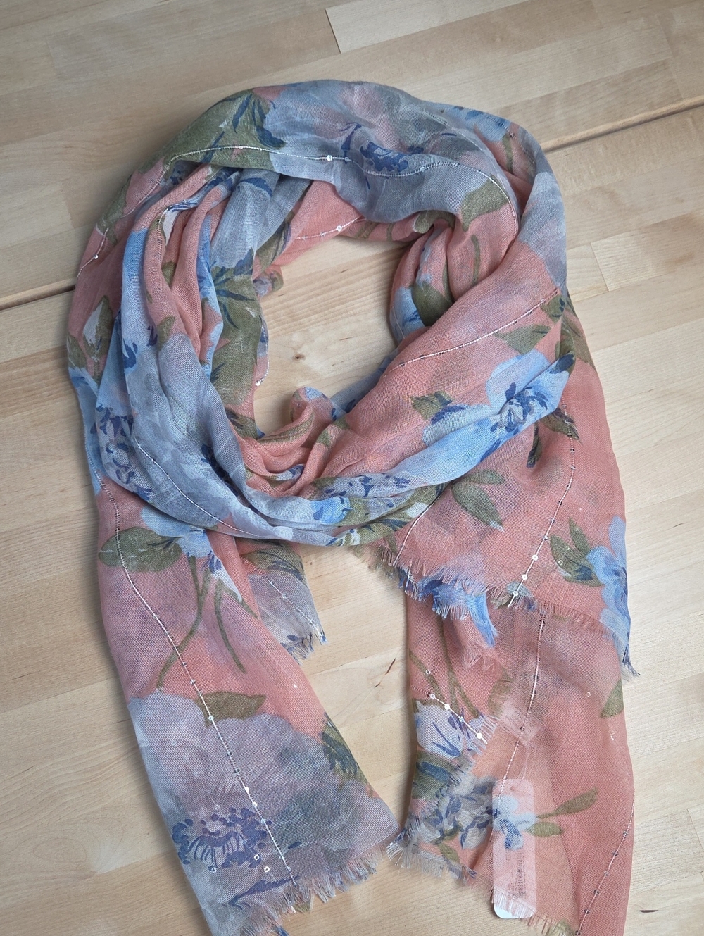Charming Charlie Pale Pink & Blue Floral Scarf with Metallic Thread